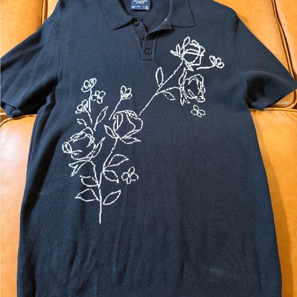 Abercrombie Black Sweater Polo Shirt with Cream Floral Design